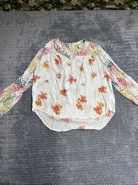 Lucky Brand White Floral Peasant Blouse with Multicolor Accents